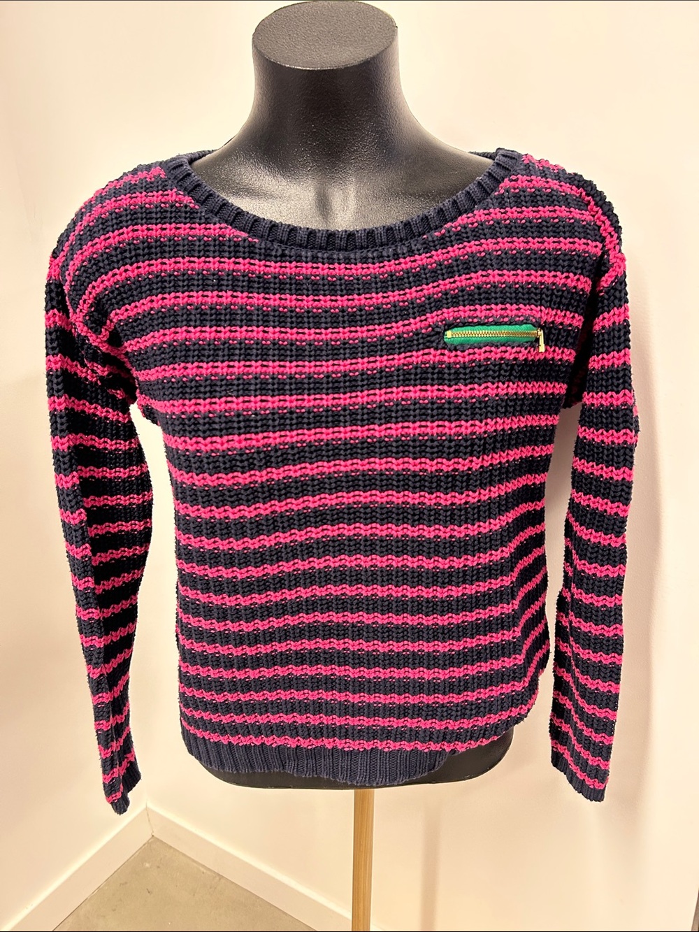 Tommy Hilfiger Womens Small Pink Navy Striped Chunky Knit Sweater Green Pocket